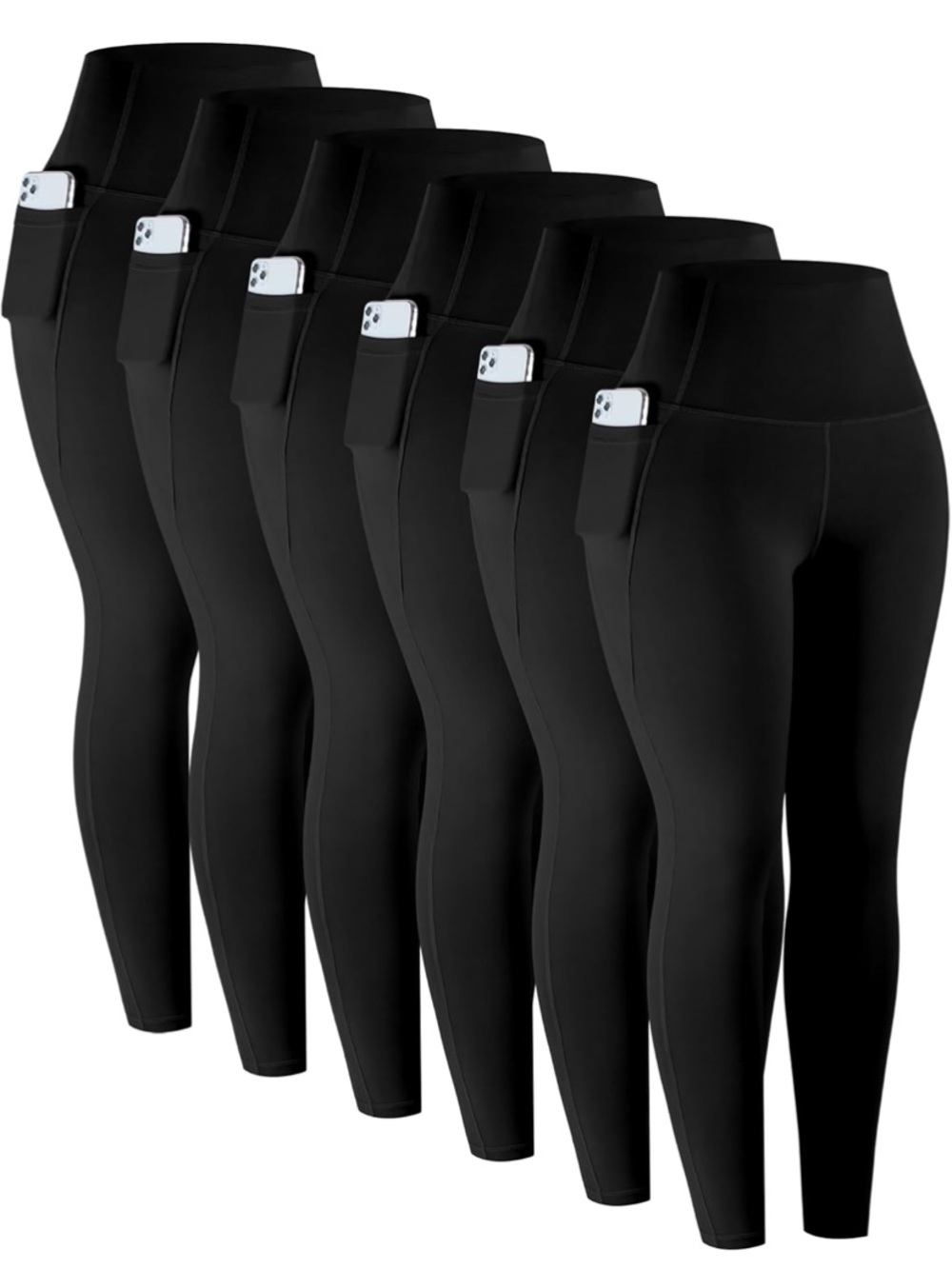 High-Waist Black Leggings with Pocket - 6 Pack